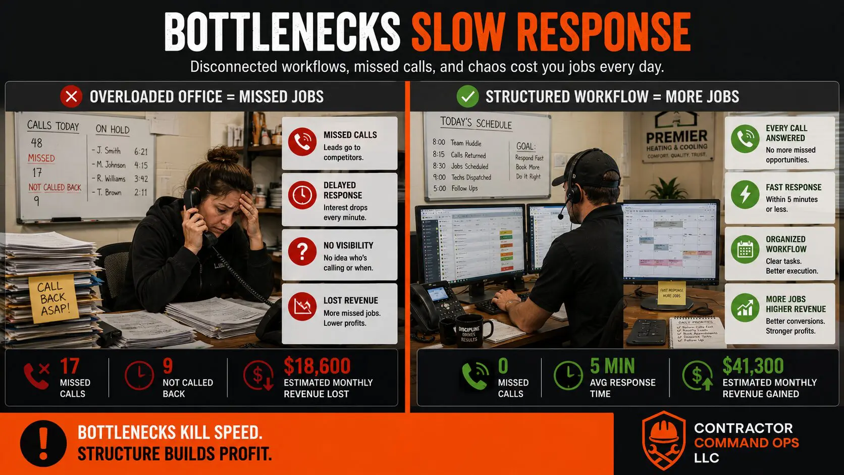 Infographic: bottlenecks — chaotic call desk vs organized office