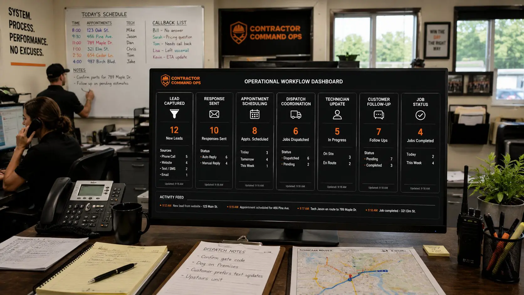 Office desk with monitor displaying operational workflow dashboard