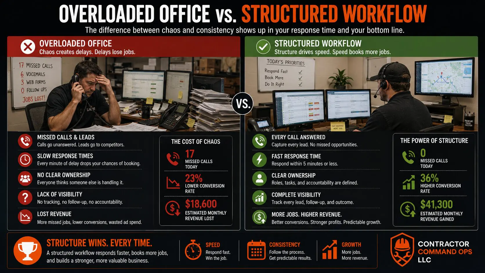 Overloaded office vs structured workflow infographic